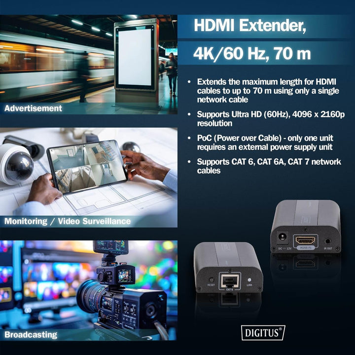 DIGITUS HDMI Extender - Ultra HD, 4K, 60Hz - Set (Sender/Empfänger) - bis zu 60 m Reichweite - Patch