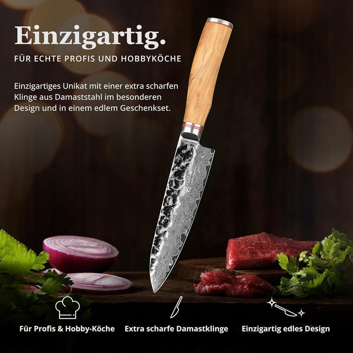 Wakoli Olive Santoku Messer aus echtem Damaststahl (VG10 Kern) 17cm Klinge – Scharfes Damast Küchenm