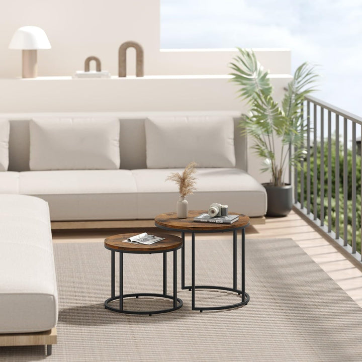 NMK HOME Couchtisch Holz Rund 2er Set 43/53 cm - Runder Couch Tisch - Industrielle Satztische Rustik