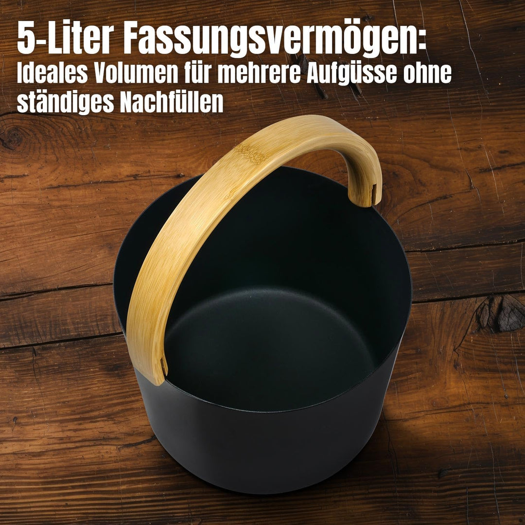 KOLO Sauna Kübel 2 & Kelle - Sauna Aufguss Set - Sauna Eimer 5 l aus Aluminium Schwarz - 300 ml Aufg