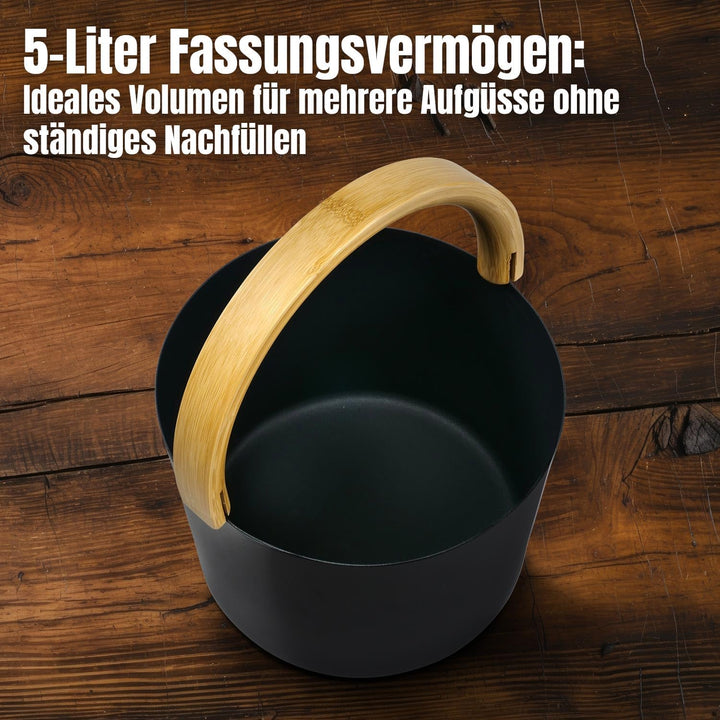 KOLO Sauna Kübel 2 & Kelle - Sauna Aufguss Set - Sauna Eimer 5 l aus Aluminium Schwarz - 300 ml Aufg