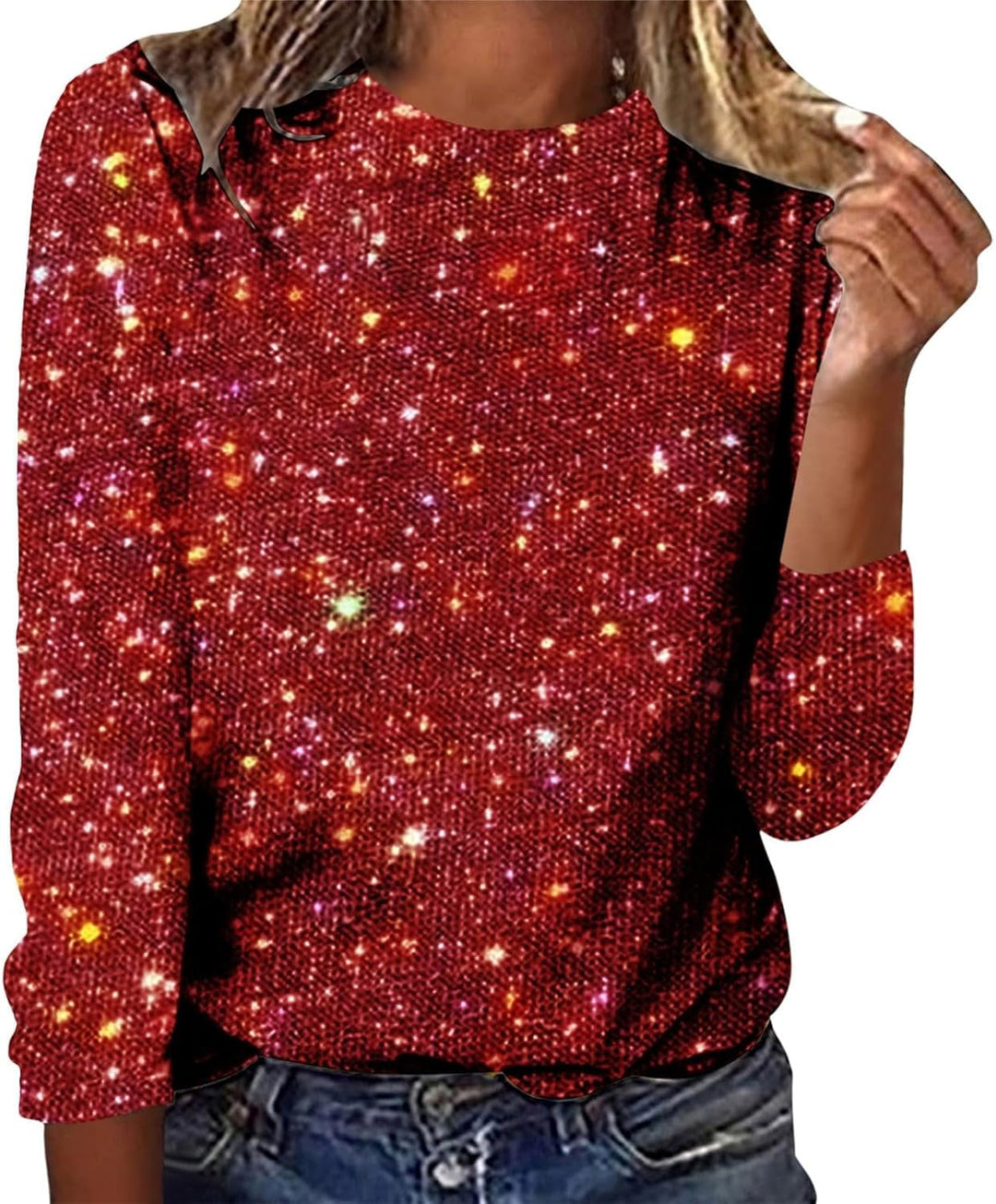 Damen Langarm Glitzer Shirt Sweatshirt-Damen Grosse Grössen Karneval Pailletten Top Frauen Tops Lang