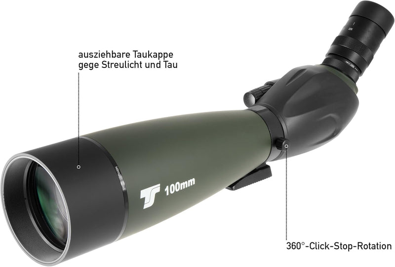 TS-Optics premium Zoom Spektiv 100mm 22-67x 100 WP Waterproof, Mikrofokussierung, 360° Rotierbar, 1.