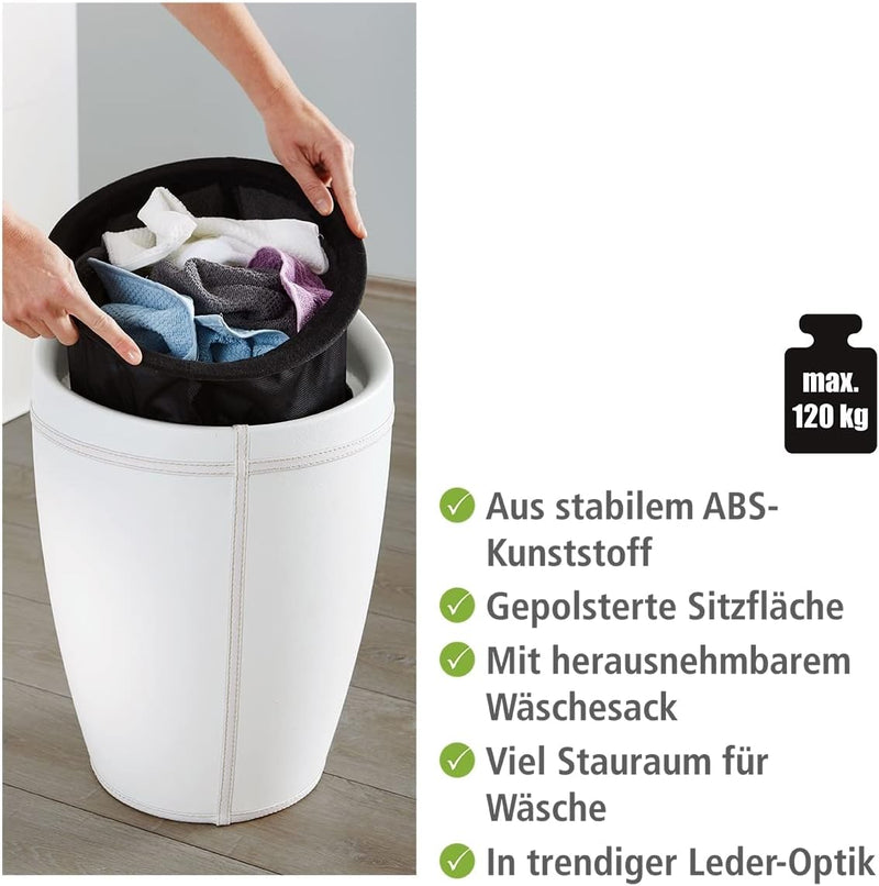 WENKO Badhocker Candy Leder Optik Weiss, Hocker mit Stauraum für das Badezimmer und Wohnzimmer, inte