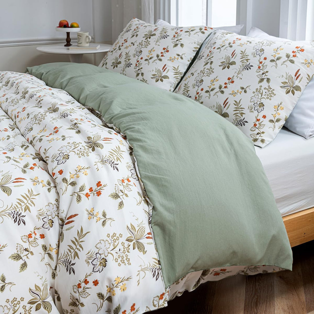 Luofanfei Bettwäsche 135x200 Grün Beige Blätter Blumen Bunt Pflanzen Botanisch Microfaser Bettwäsche
