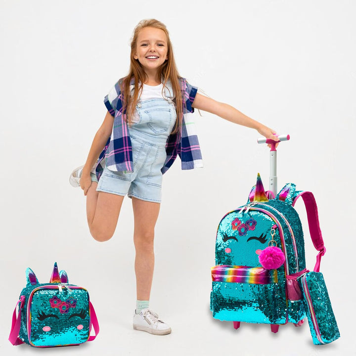 Rucksack Mädchen Schulranzen Trolley Schulrucksack Mädchen Teenager 3PCS Kinder Schultrolley Geeigne
