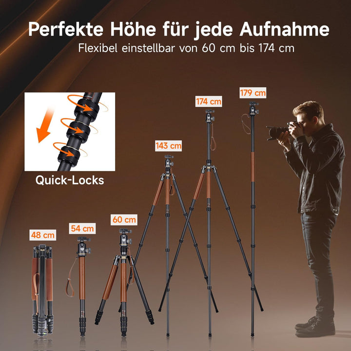Rollei Kamerastativ C6i Carbon Heritage 174cm mit 360° Kugelkopf Arca Swiss | Robustes Stativ Kamera