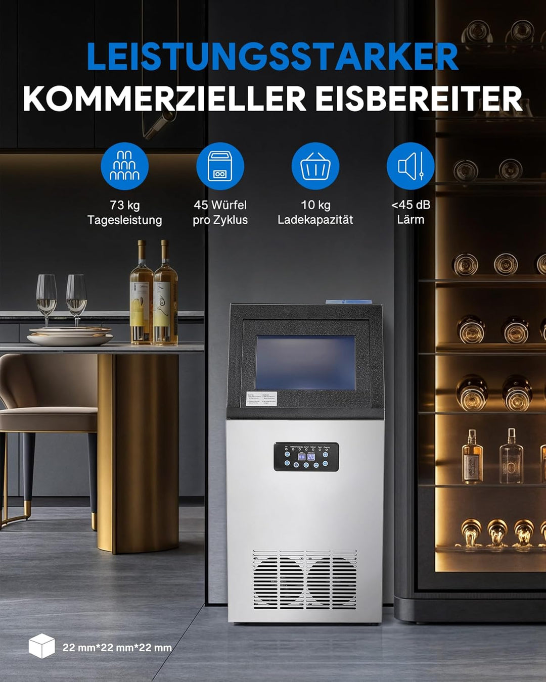 CREWORKS Edelstahl-Eiswürfelmaschine 73 kg/24 h Gewerbeausführung mit LCD-Display ideal für Zuhause,