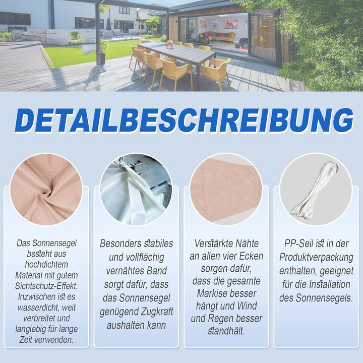 Sunnylaxx 2x4m Sonnensegel Rechteckig, Wasserdicht Sonnenschutz Sunsegel Color Taupe, 95% UV-Schutz,