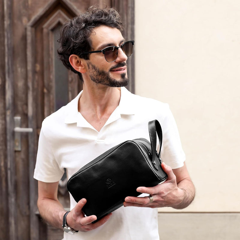 Kulturbeutel Leder Herren - Kosmetikbeutel - Waschtasche für Männer - 100% Echtleder - Hochwertige K