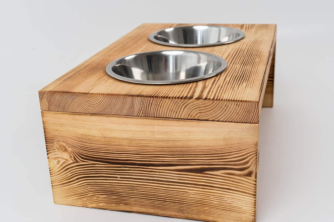 Woodworms Hunde-napf-Set mit Edelstahlnäpfen, Handgemachte Echtholz Hundebar, Futterbar für kleine,
