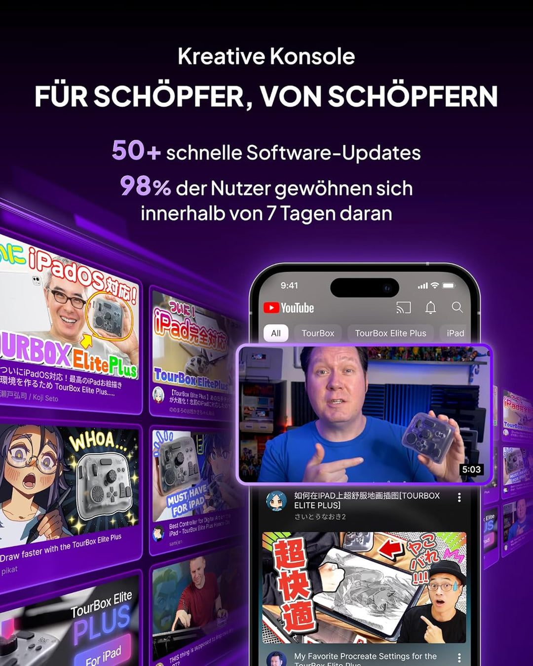 TOUR BOX Elite Plus, iPad-Zeichnen, Bluetooth-Controller für Video- und Foto- Bearbeitung, iPad/Mac/