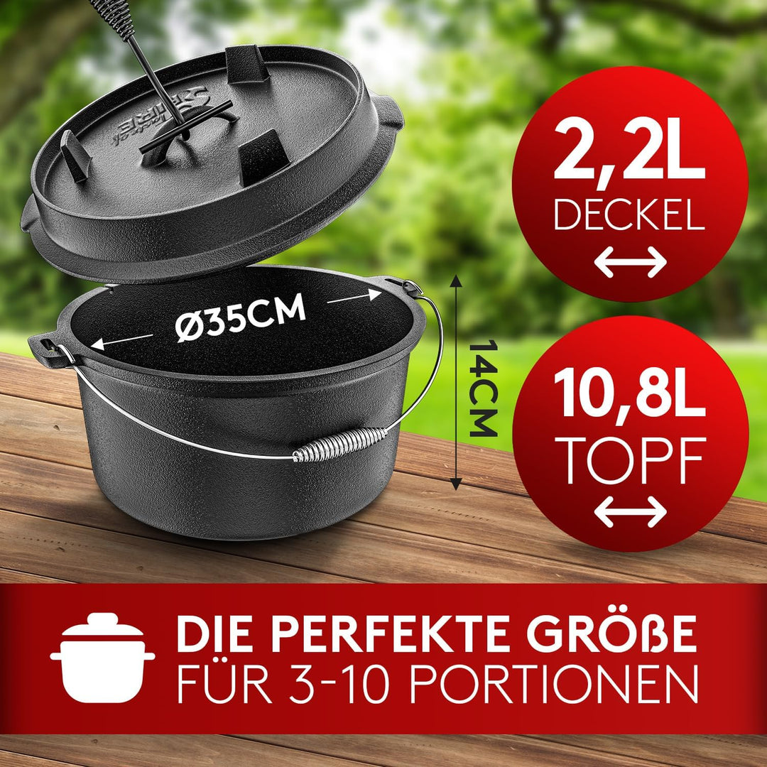 BBQ Dutch Oven [Das Original] - 10,8 Liter Dutch Oven Set mit Topfständer & 2,2 Liter Deckel mit Dop