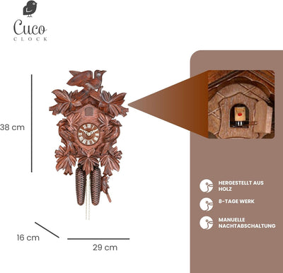Cuco Clock Kuckucksuhr Schwarzwalduhr 'Im Blätterwald' Wanduhr aus Holz, 38 x 29 x 16cm, 8 - Tage We