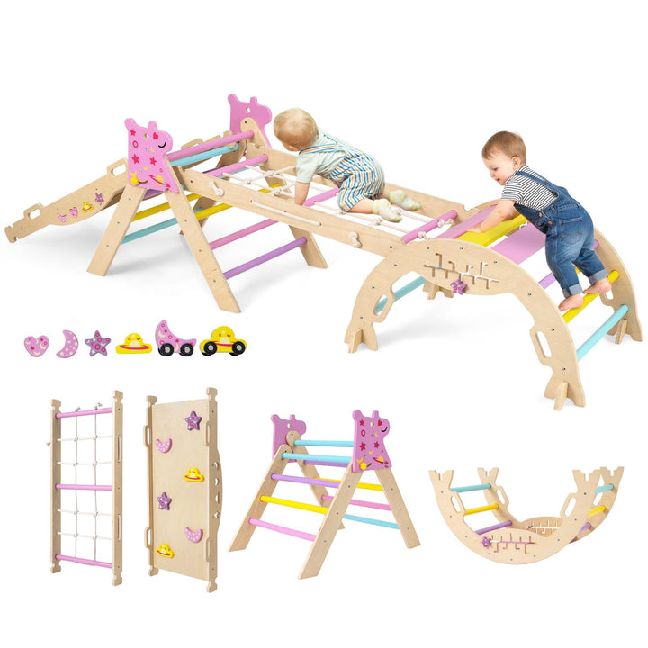 COSTWAY Klettergerüst Indoor 4er Set, klappabres Kletterdreieck mit Rutsche, Kletterbogen, Netz, ink