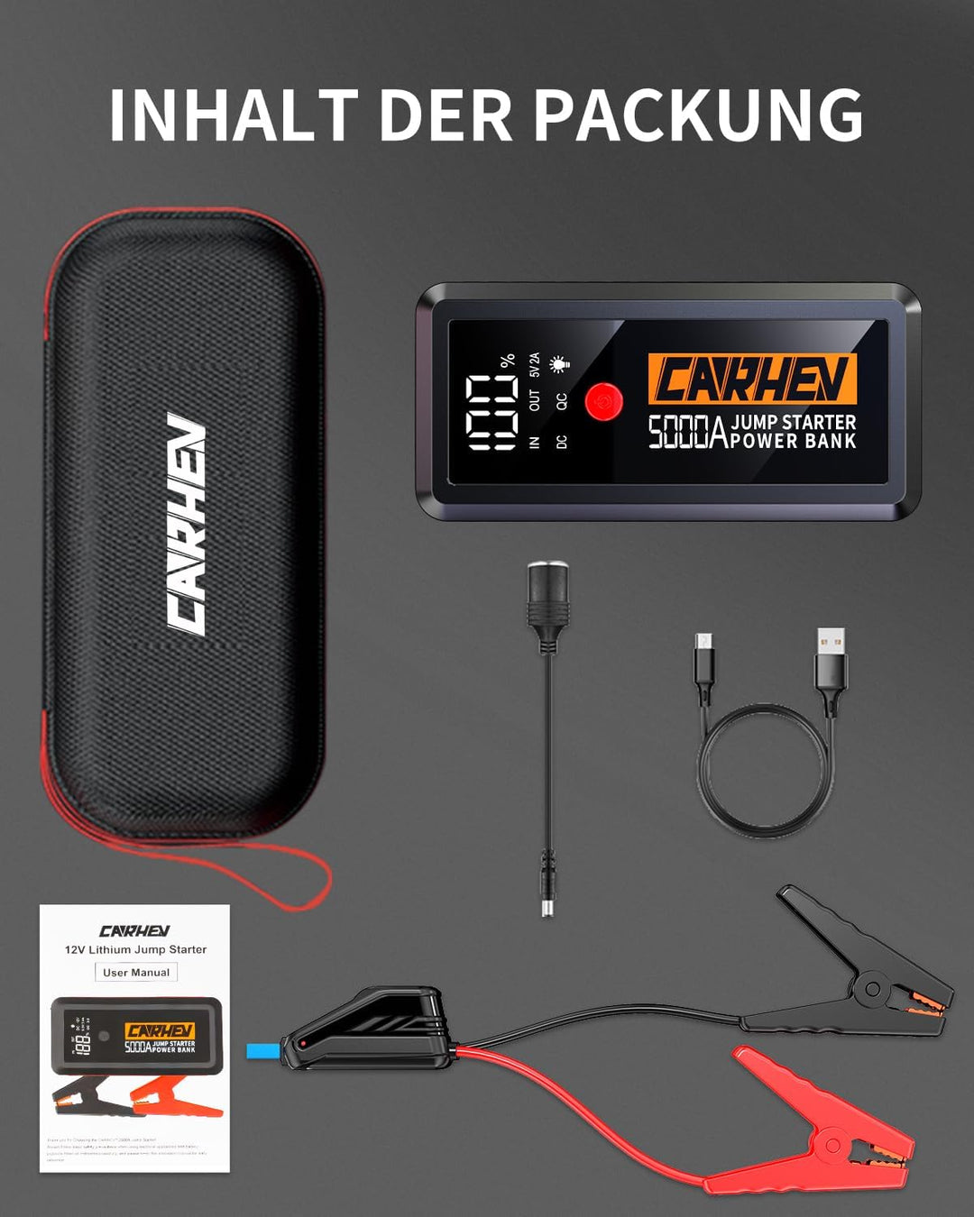 CARHEV Starthilfe Powerbank, 5000A Booster Auto Starthilfe, 12V Starter Powerbank(Bis zu 8.0L Benzin