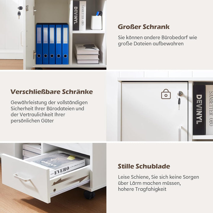 TUKAILAI Rollcontainer Abschliessbar mit 3 Schubladen, Lagerung Fach und Offene Regale, Aktenschrank