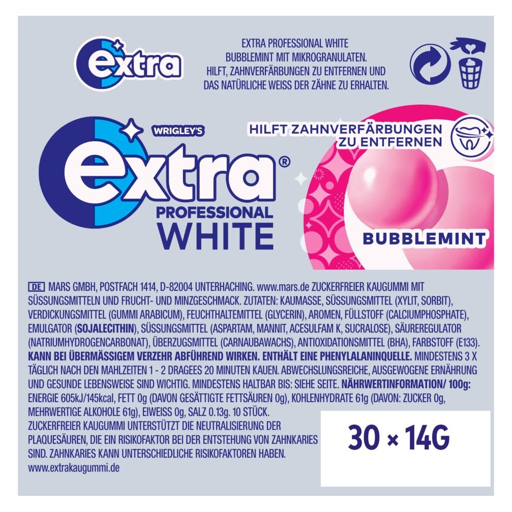 Extra Professional White Bubblemint, Zuckerfreier Kaugummi, Multipack mit 30x10 Dragees, Für frische