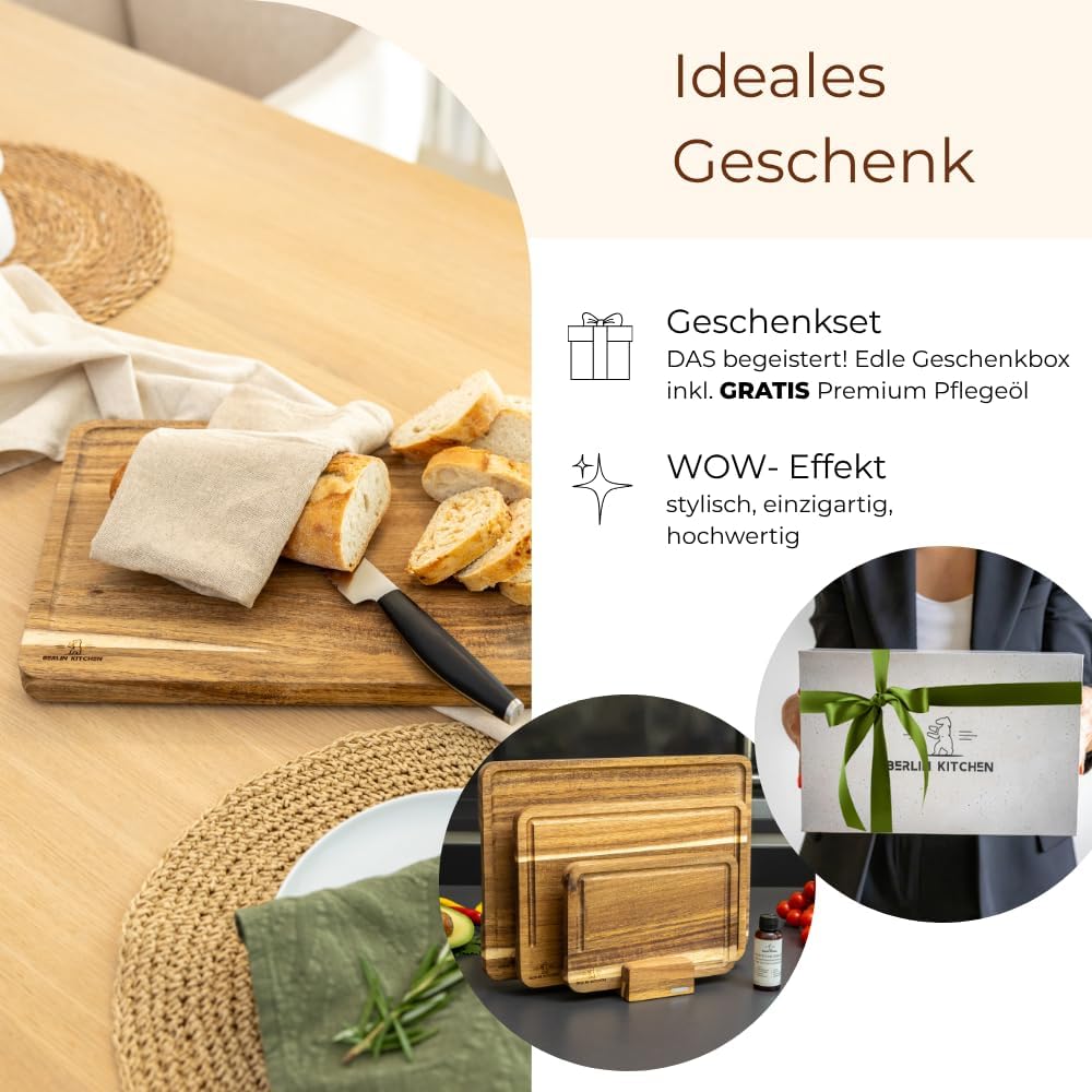 Cut’n Cook Moments Schneidebrett 3er Set | Akazienholz | GRATIS Pflegeöl & Brettständer | Saftrille