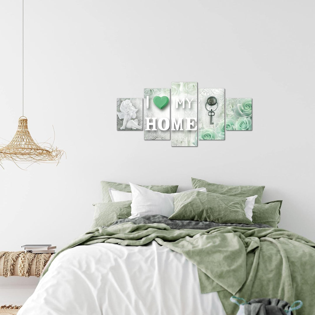Runa Art Wandbilder Home Herz 5 Teilig Bild auf Vlies Leinwand Deko Wohnzimmer Holz Grau Grün 026252