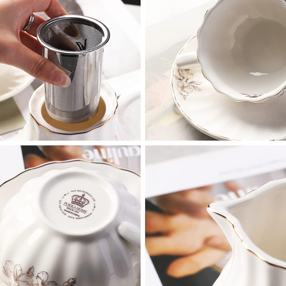 Sweejar Home 22 Stück Europäischen Stil Tee Service, Teetasse und Untertasse Set, Keramik Kaffeeset,