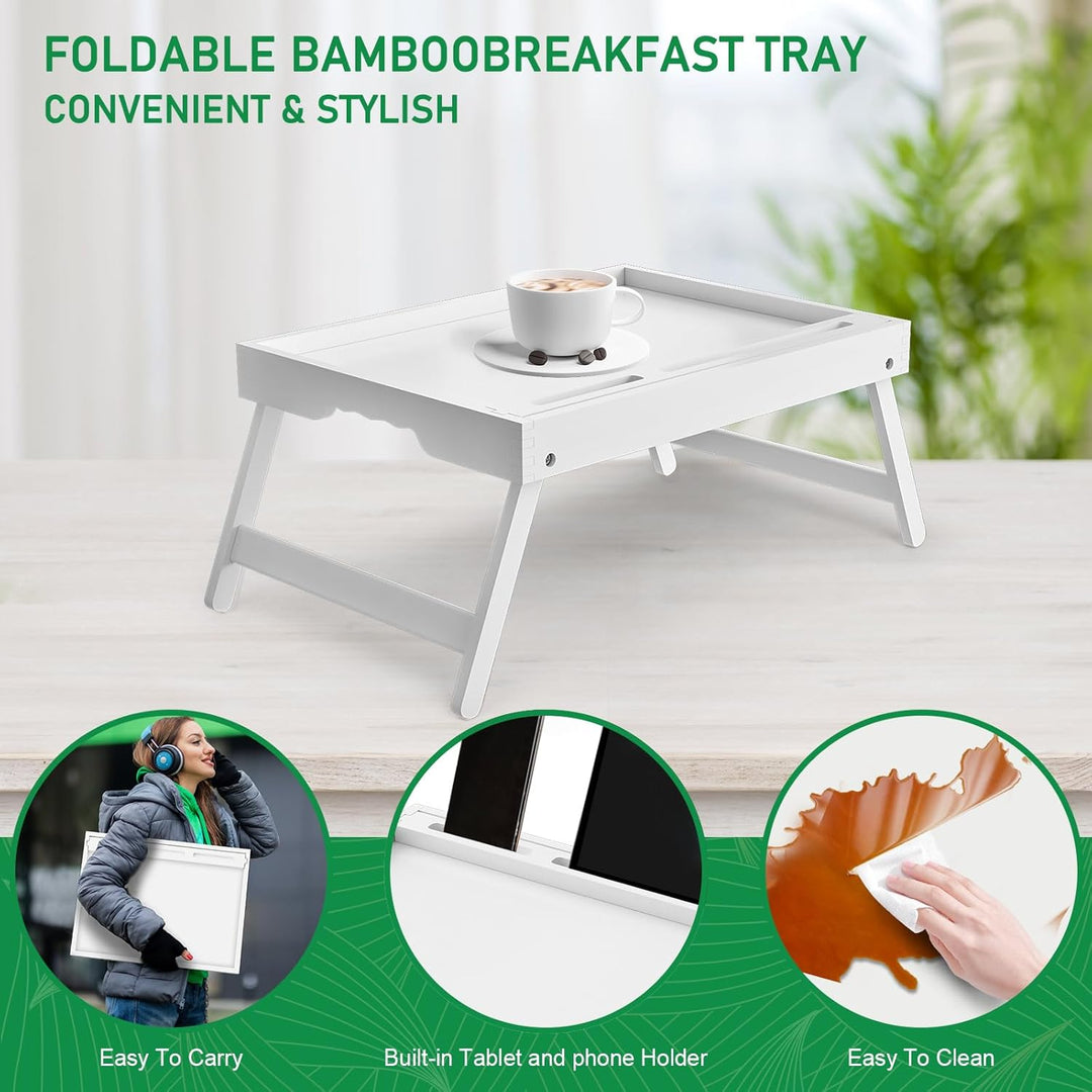 Betttablett mit Griffen,klappbare Beine, Bambus-Frühstückstablett mit Handy/Tablet-Halter Serviertab