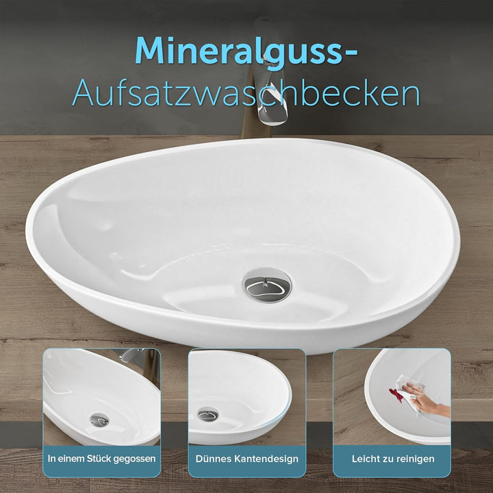 doporro Aufsatzwaschbecken Weiss glänzend oval 59,8x36x14cm Mineralguss Waschbecken ohne Armaturloch
