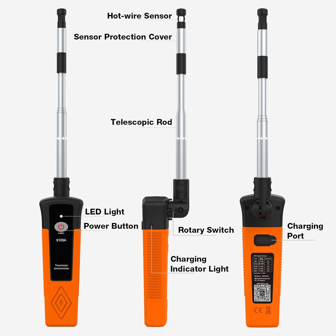 Heissdraht-Anemometer, Thermischer Anemometer mit 40 m/s und Bluetooth, Ausziehbare Stange 320–650 m