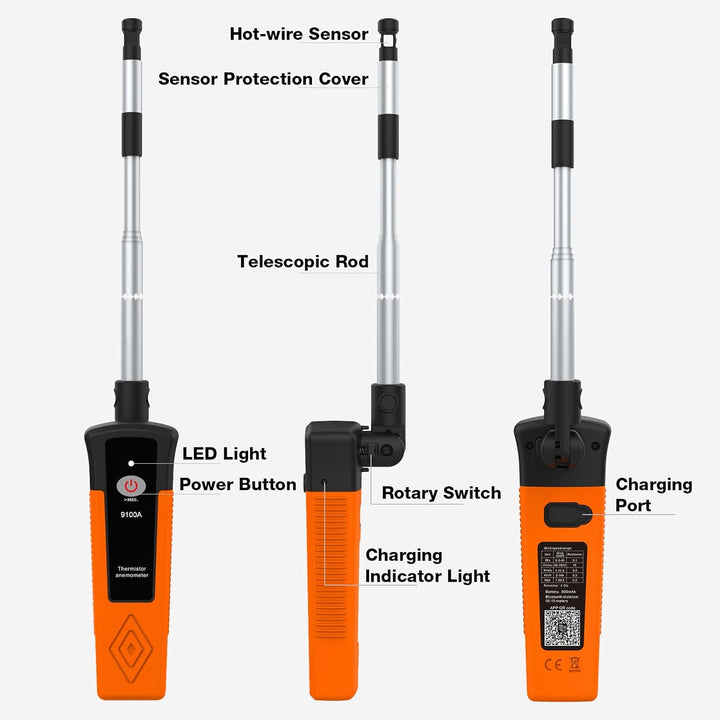 Heissdraht-Anemometer, Thermischer Anemometer mit 40 m/s und Bluetooth, Ausziehbare Stange 320–650 m