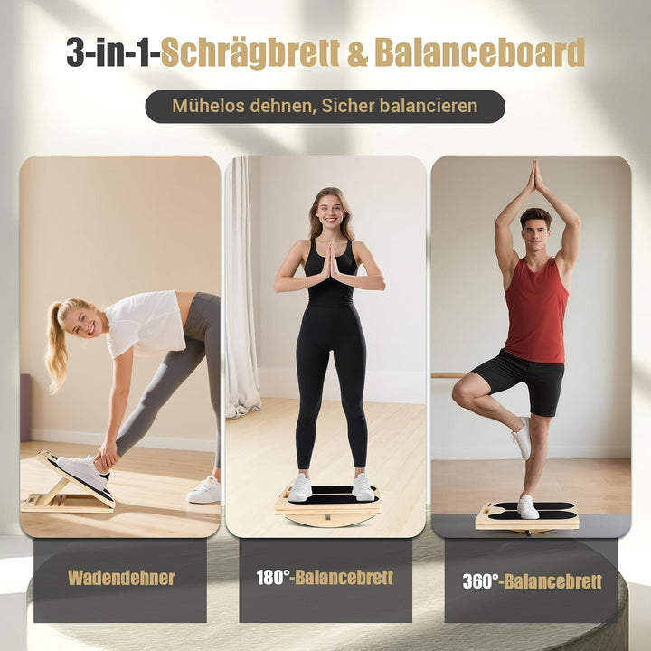 Wadendehner Schrägbrett aus Holz, 3-in-1 Slant Board mit 6 Winkeln und Trainingsposter, Verstellbar