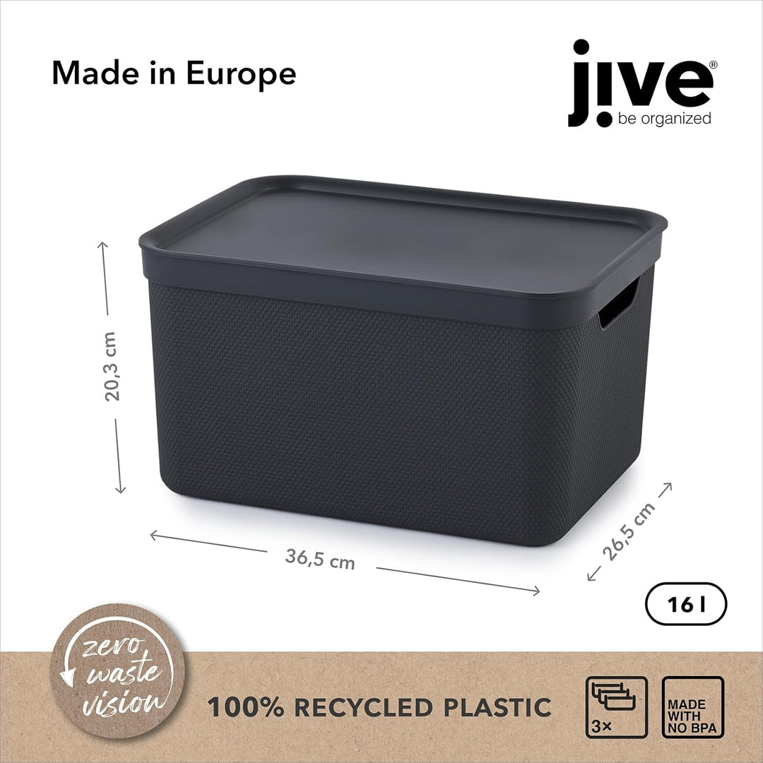 Jive Dekobox 3er- Set Aufbewahrungsbox 16l mit Deckel, Kunststoff (PP recycelt), dunkelgrau, 3x16l (