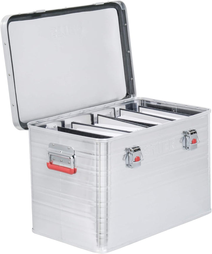 STIER Alubox, Aluminiumbox 65L, Staub- und spritzwasserresistent mit Gummidichtung und 2 Klapphandgr