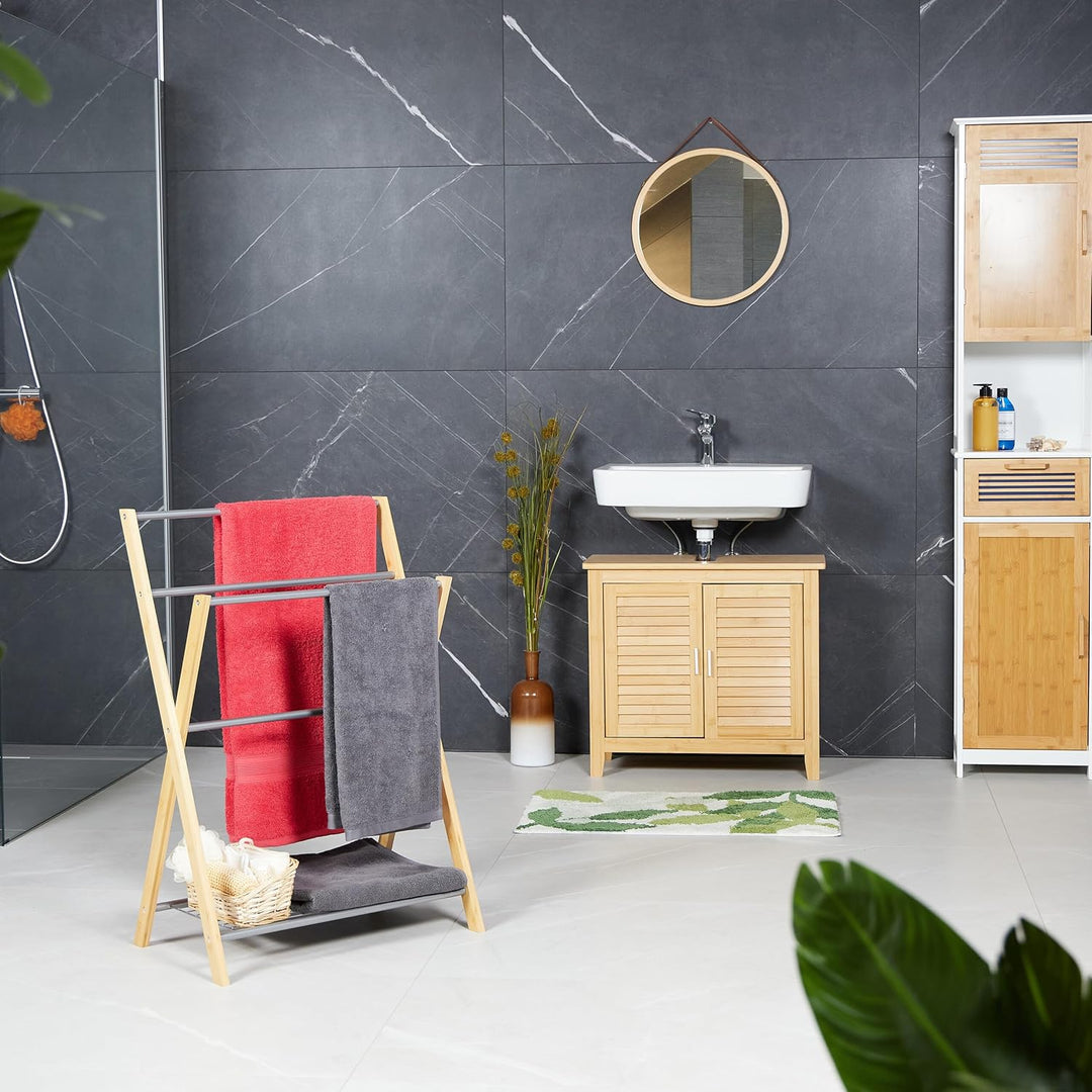 Relaxdays Handtuchhalter, 4 Stangen und Ablage, für Hand- & Badetücher, Handtuchständer, Bambus & Ei