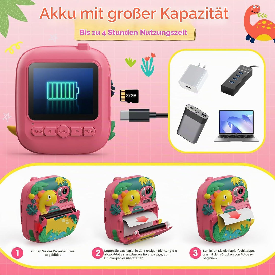 Kinderkamera Sofortbildkamera, CAMCLID 2,4 Zoll Digitalkamera Kinder Dinosaurier Sofortbildkamera mi