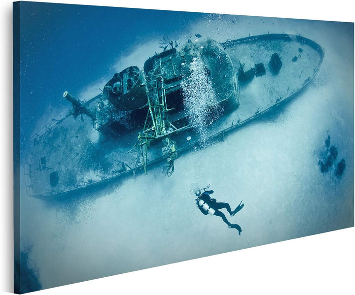 islandburner Bild auf Leinwand Taucher Schiffswrack Bilder Wandbilder Poster Leinwand 100x57cm, Lein