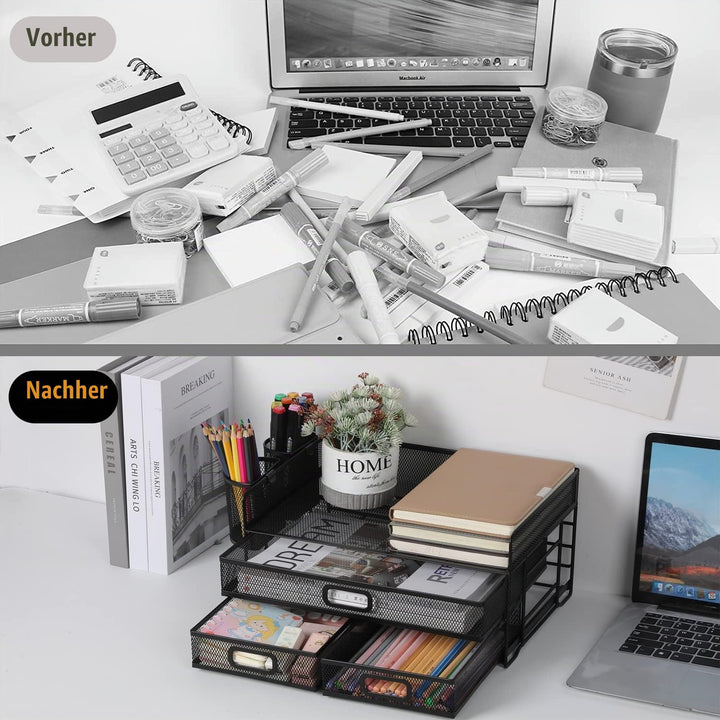 Vikmyer 3-Trays Desktop Organizer mit Schublade, Mesh Büro Schreibtisch liefert Organizer Dokumenten