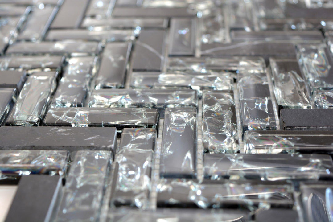Mosaik Fliese Transluzent schwarz Fischgrät Glasmosaik Crystal Stein WAND BAD WC KÜCHE FLIESENSPIEGE