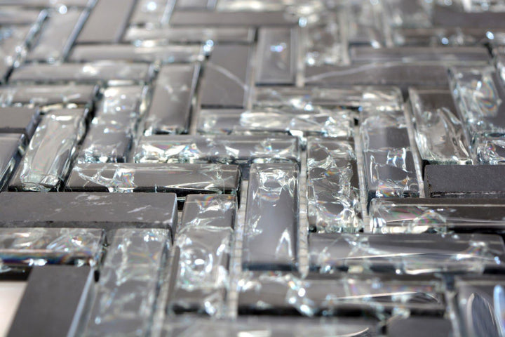 Mosaik Fliese Transluzent schwarz Fischgrät Glasmosaik Crystal Stein WAND BAD WC KÜCHE FLIESENSPIEGE