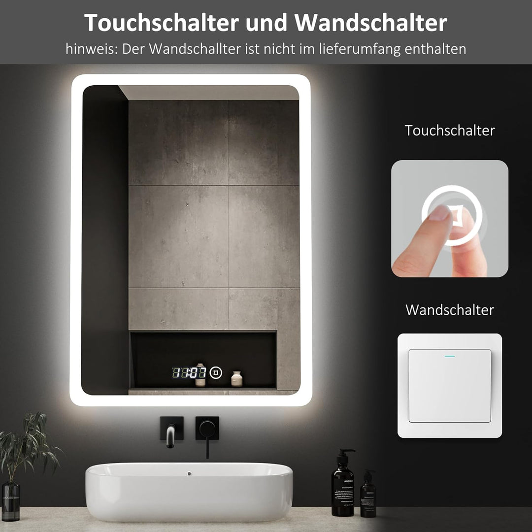 Boromal Badspiegel mit Uhr Badspiegel 50x70cm Badezimmerspiegel mit Beleuchtung 6500K Kaltweiss LED