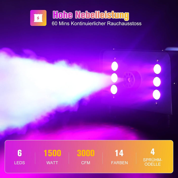 UKing 1500W Nebelmaschine 6 RGB LED,Partylicht Rauchmaschine mit Fernbedienung und 1L Tank,Hohes Neb