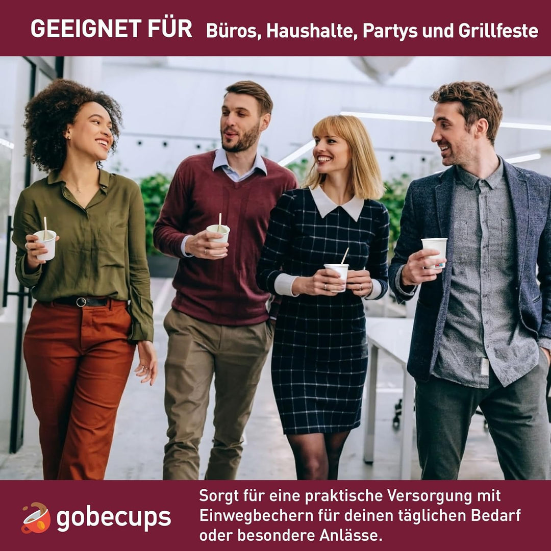 100 Weisse Einwegbecher aus Pappe, 240 ml / 8 oz, für Kaffee mit Holzrührstäbchen, robust, auslaufsi