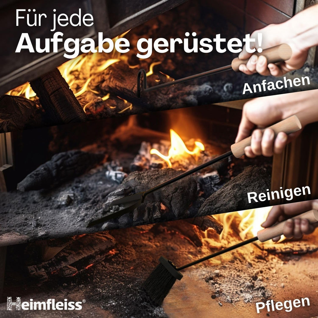 Kaminbesteck Schwarz Modern | Kaminzubehör mit Holzgriffen | Ofenbesteck Kaminbesteck Set | Hochwert