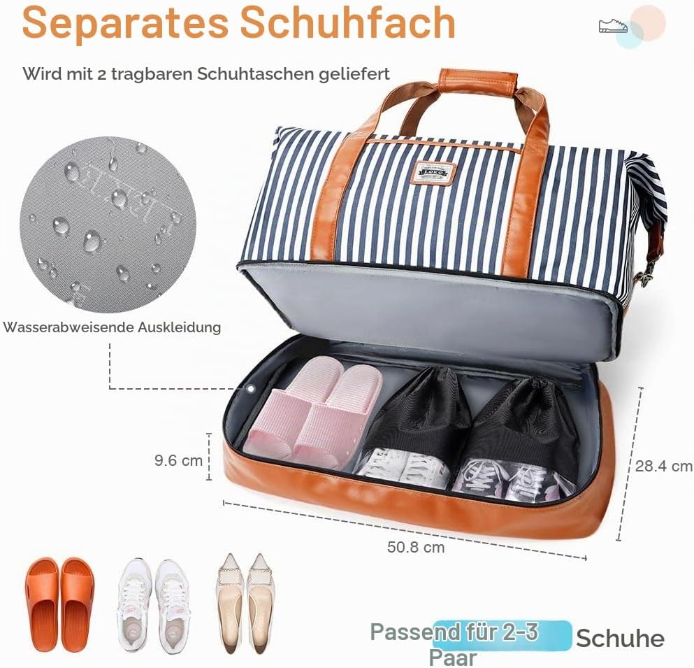 Lekespring Reisetasche Weekender Damen Gross mit Nassfach Schuhfach, 50L Doppellagige Reisetasche Ha