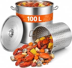100L Suppentopf mit Deckel und Siebkorb, Edelstahl Kochtopf Induktion Kompatibel, Grosser Gewerbetop