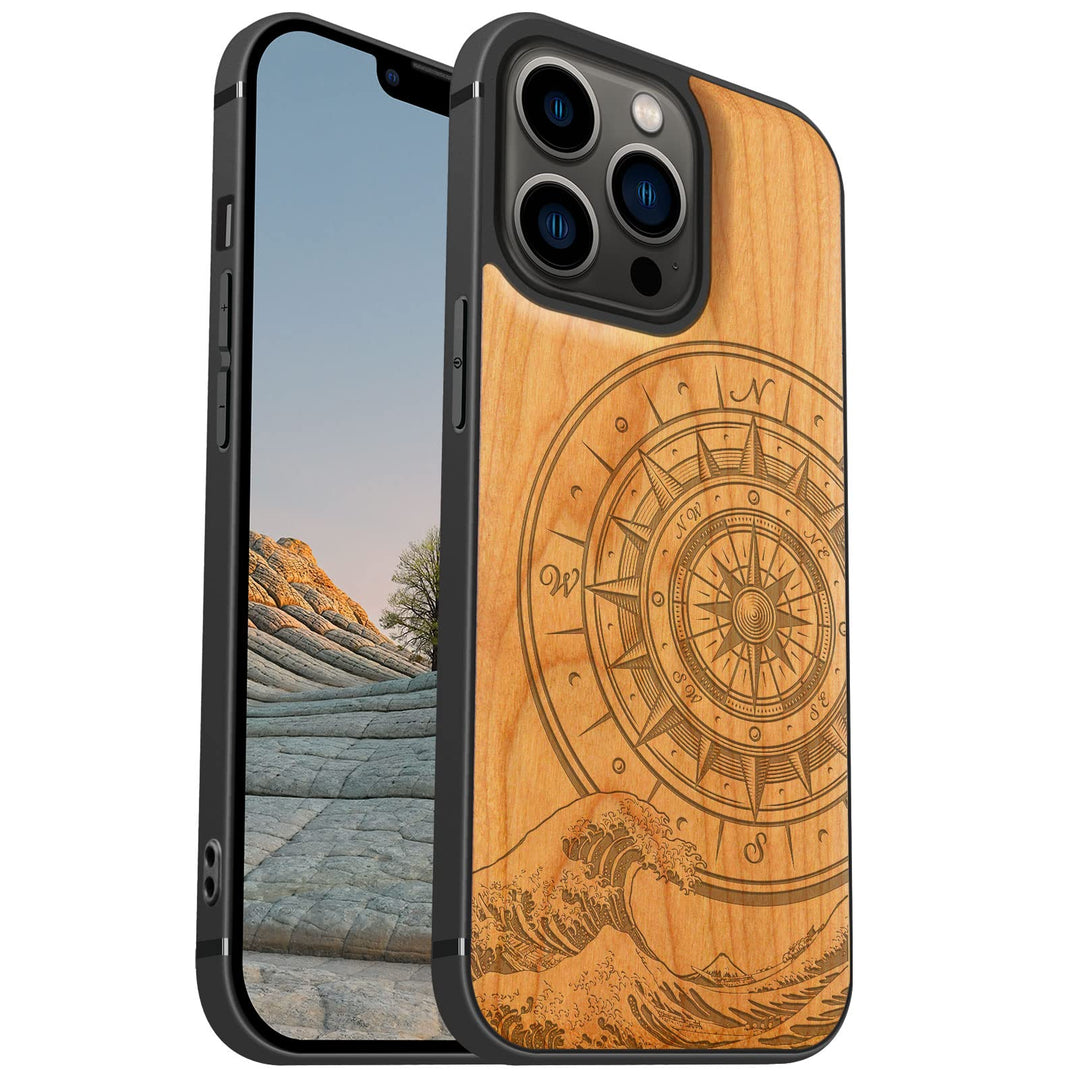 Carveit Magnetisch Hülle für iPhone 13 Pro Case [Elegante Kirschholz] [Weich TPU Stossstange] Stossf