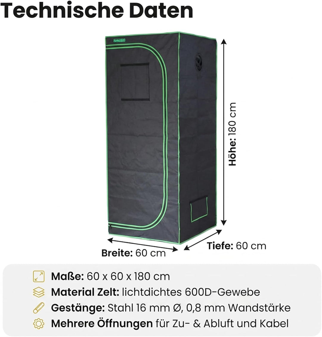 Easy Act Dark Box Growzelt 60x60x180 cm, lichtdichte Indoor-Growbox mit stabilem Gestänge und hochwe