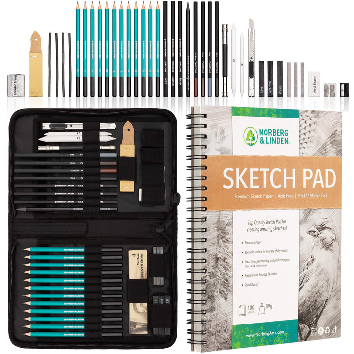 XXL Zeichenset – Skizzierstifte Set & Zeichenkohle Set – Zeichenblock zum Zeichnen & Skizzieren, 100
