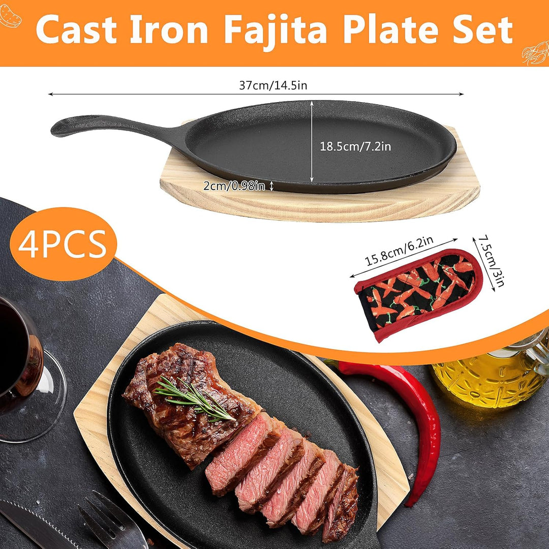 4er Set Servierpfannen Set aus Gusseisen, 37cm Ovale Grillpfanne Gusseisen mit Holzuntersetzern und