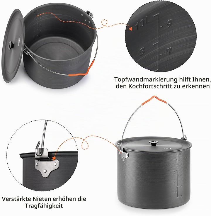 Naturehike Camping Suppentopf Kochgeschirr mit Deckel Gross Outdoor Tragbares Hängetopf Kochset für
