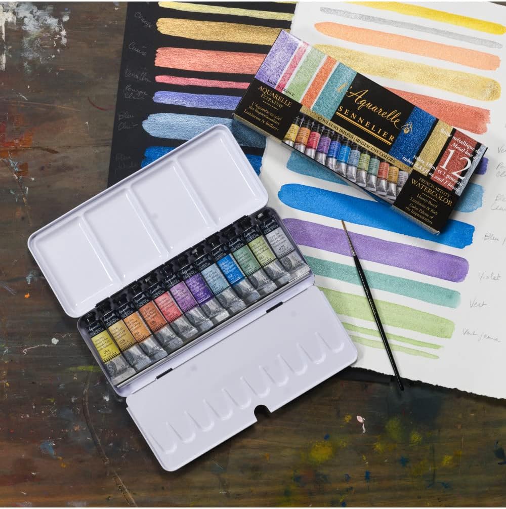 Sennelier l'Aquarelle Irisierende Farben, 12 Tuben á 10ml und Pinsel im Metallkasten